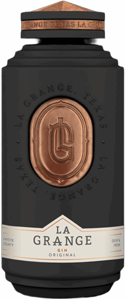 Matte black La Grange Original gin bottle with a copper LG seal