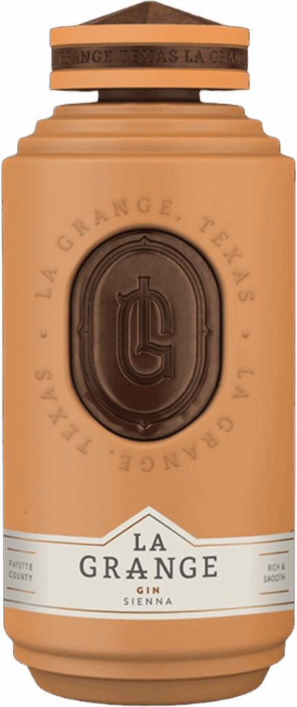 Terracotta La Grange Sienna gin bottle with a dark bronze LG seal