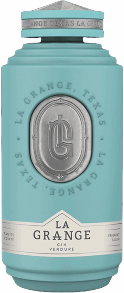 Dusty teal La Grange Verdure gin bottle with a pewter LG seal