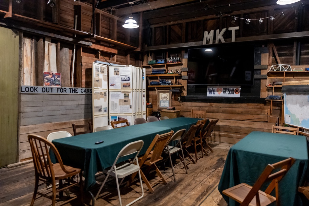 Timber interior of the restored MKT railroad depot museum in La Grange