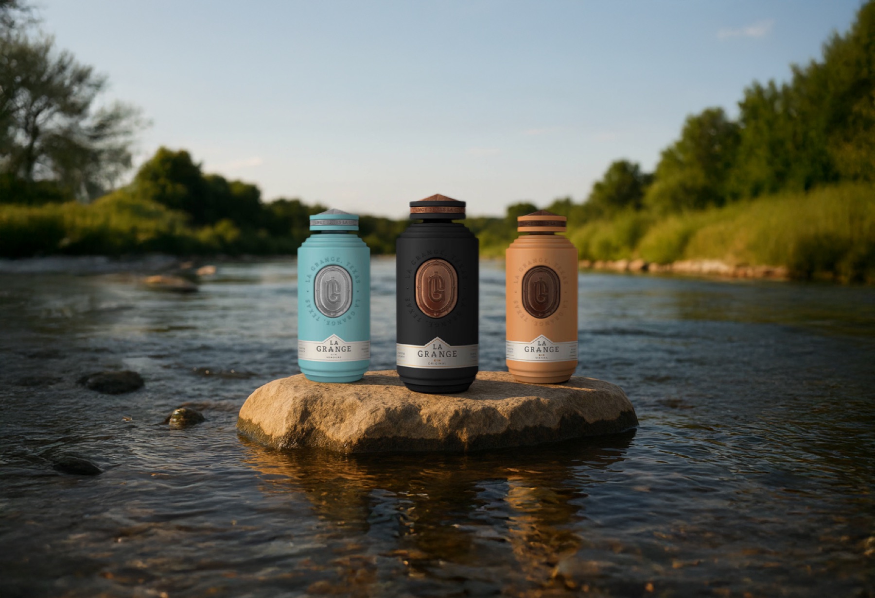 The three La Grange gin bottles — teal Verdure, black Original, and terracotta Sienna — standing on a flat rock in the middle of the river