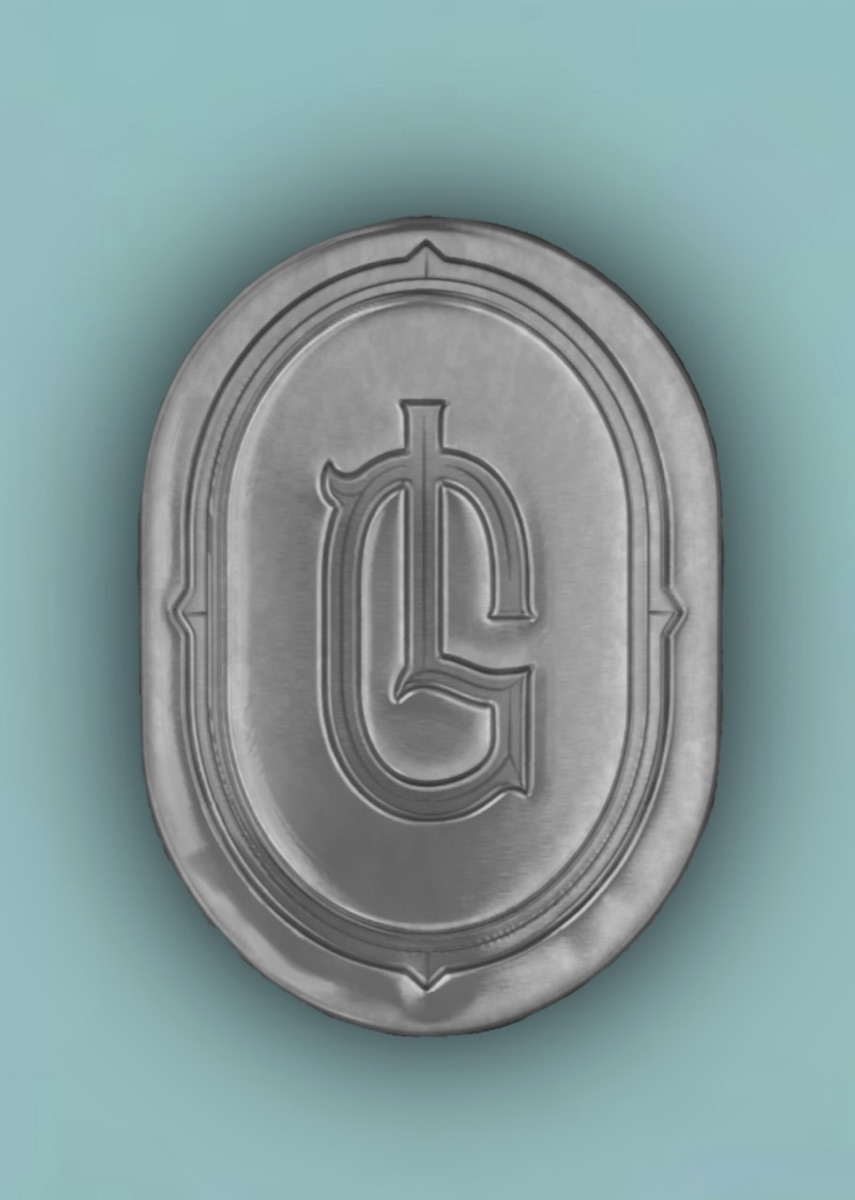Close-up of the pewter LG seal on the teal Verdure bottle
