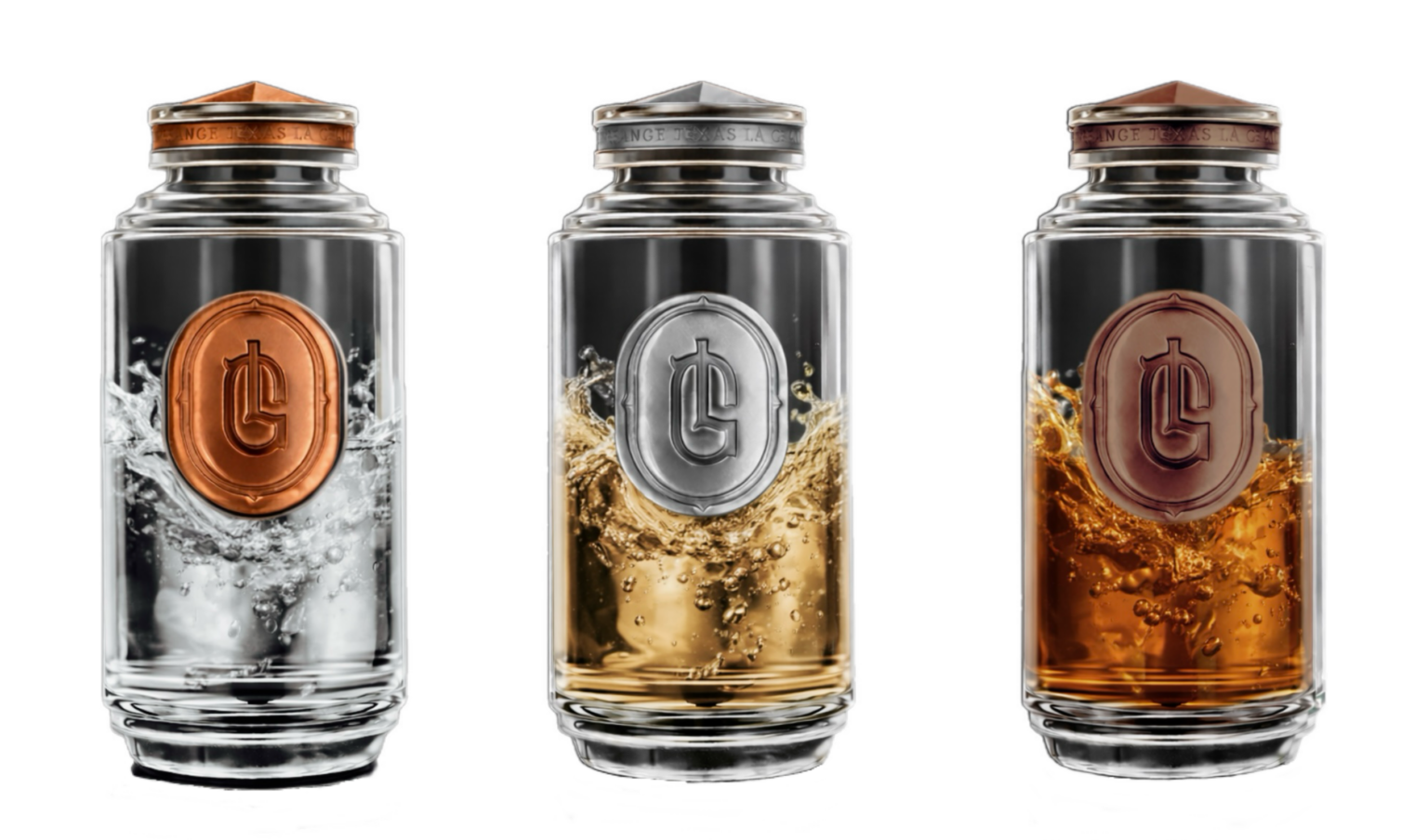 Three clear glass La Grange bottles, each mid-splash — clear, pale gold, and amber spirit behind copper, silver, and bronze seals